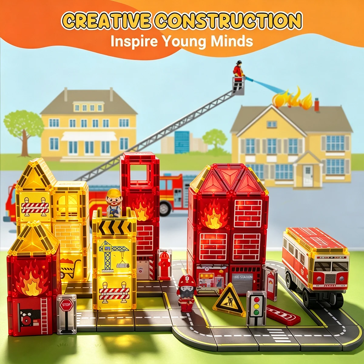 Magnetic Building Block Firefighting Theme Portable Tiles Fire Station Construction Montessori STEM Educational Sensory Kids Toy