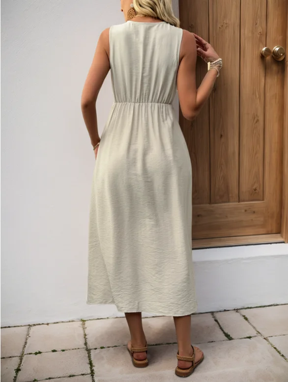 Summer Dress Woman 2025 Sleeveless O Neck Solid Color V-Neck French Dresses for Summer Women Elegant Solid Color A-Line Dress
