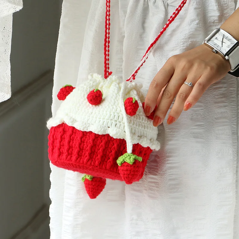 

Strawberry cake bag, cone ice cream, cross cute DIY handmade crochet woven material bag, girlfriend gift