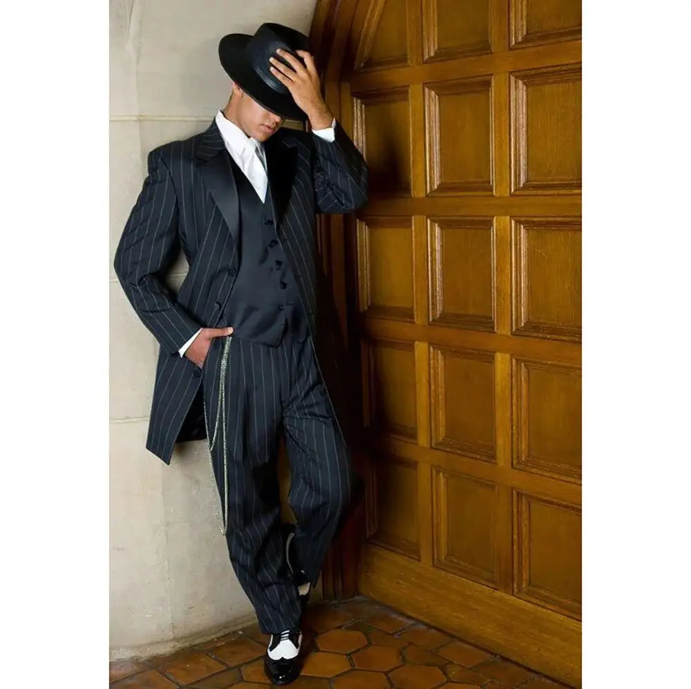 Handsome Male Tailcoat Black Striped Men's Suit Three-pieces ( Blazer+Pants+Vest) Chic Slim Casual Party Prom Wedding Set