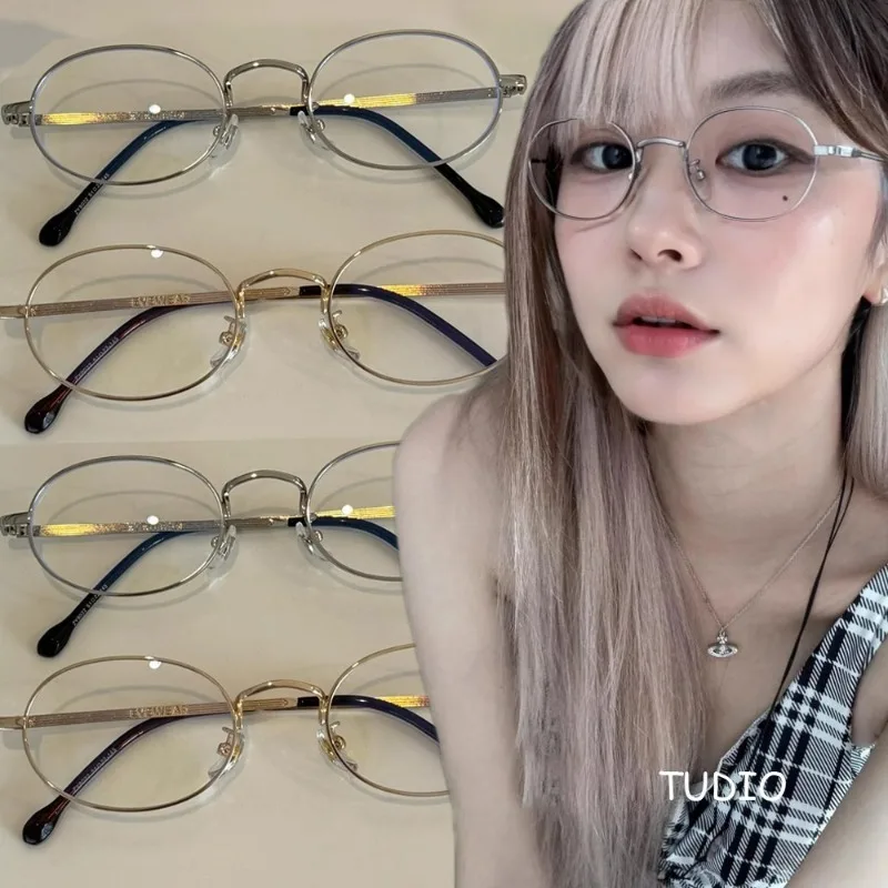 

Vintage Anti-Blue Light Glasses Women's Oval Metal Frame Brand Designer Fashion Y2K Woman Metal Optical Frames Computer Glasses