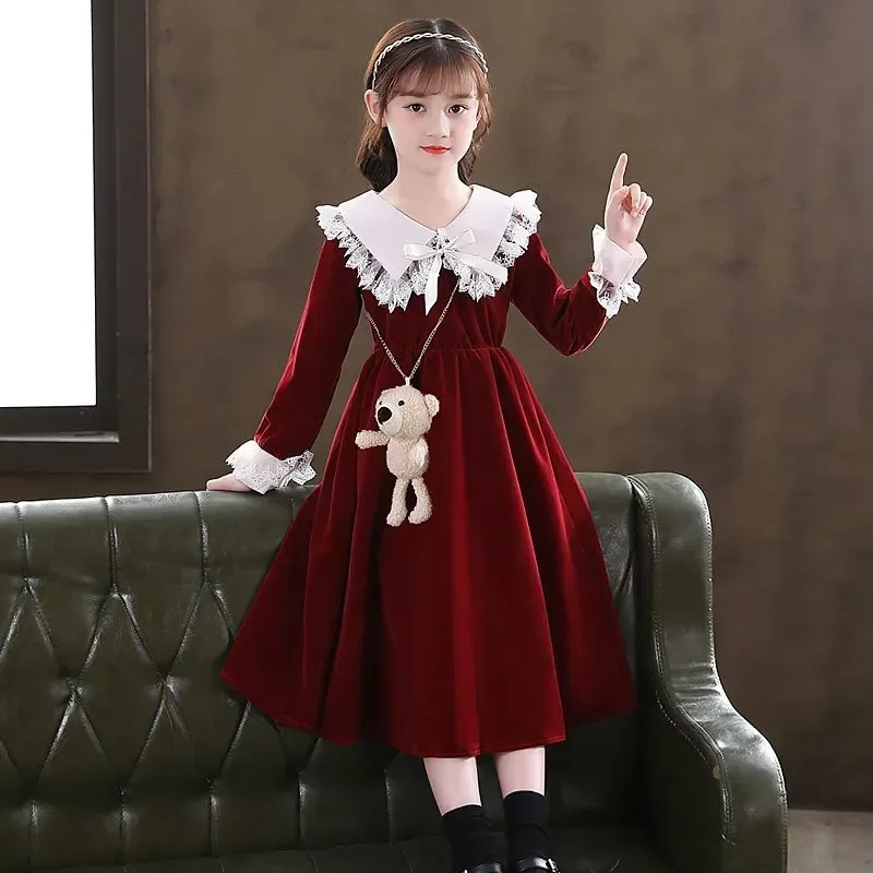 2023 teenager Children Clothes winter Autumn Girls Dress Kids Long Sleeves wine red lace cuffs princess pearl 4 8 9 10 6 12 year