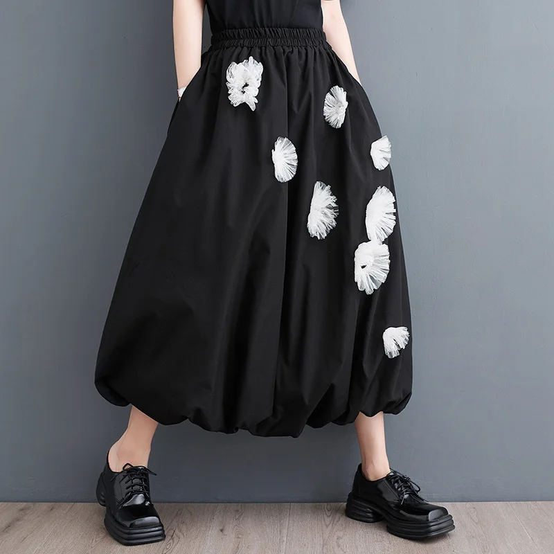 #3015 Spliced Flower Black Skirts Women Loose High Waisted Midi Skirts Female Pockets Korean Style Long Tulle Skirt Asymmetrical