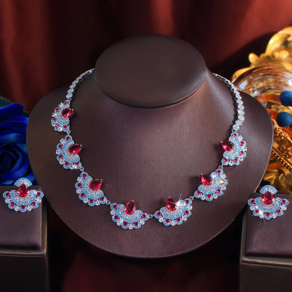 ThreeGraces New Fashion Red Water Drop Zirconia Sector Shape Bridal Wedding Party Necklace Earrings Jewelry Set for Women T1105