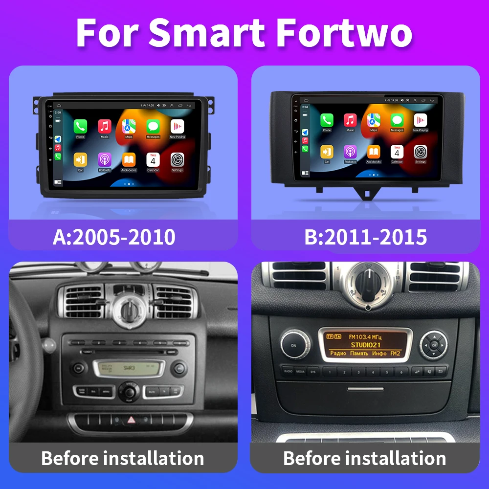لـ Smart Fortwo 451 2005 - 2010 2010-2015 الوسائط المتعددة نظام تحديد المواقع والملاحة DSP RDS 4G SWC CarPlay 2Din 9 بوصة راديو السيارة التلقائي أندرويد
