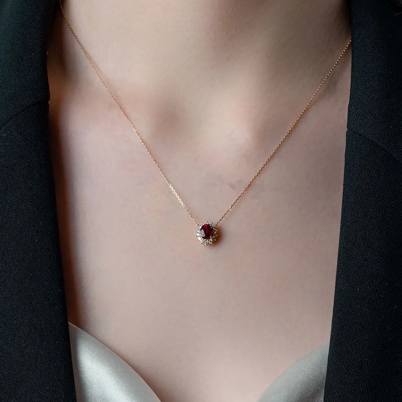 CCFJOYAS 925 Sterling Silver Plated 18K Gold Ruby Necklace Original Exquisite Retro Simple Garnet Pendant Necklace Fine Jewelry