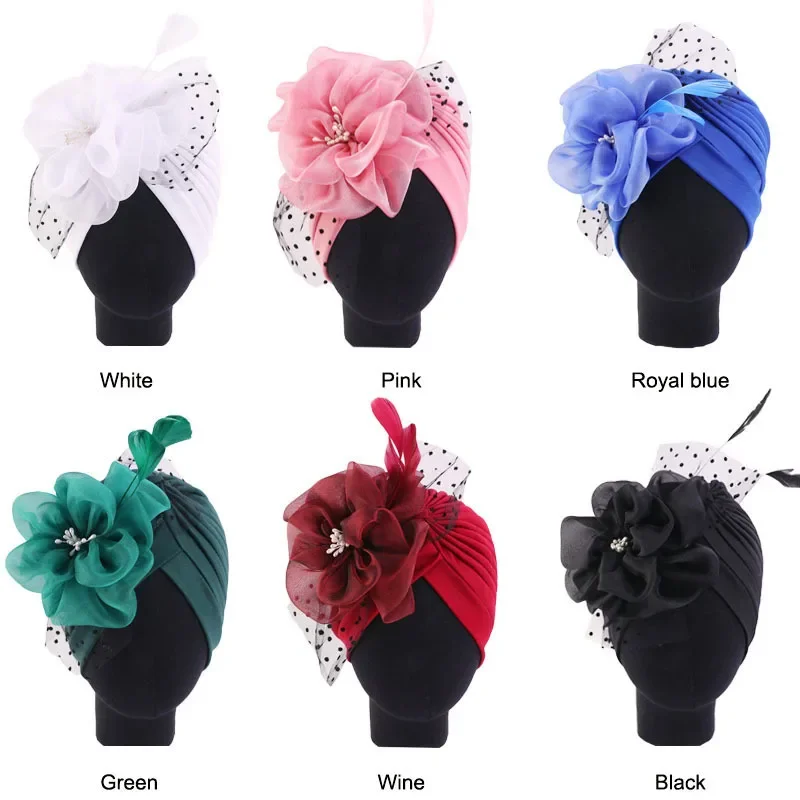 ผ้าโพกศีรษะดอกไม้ใหญ่สำหรับผู้หญิง Hijab Bonnet Feather ตาข่ายฝาครอบดอกไม้ขนาดใหญ่หัว Wraps สุภาพสตรีหมวกธรรมดามุสลิม hijab หมวก