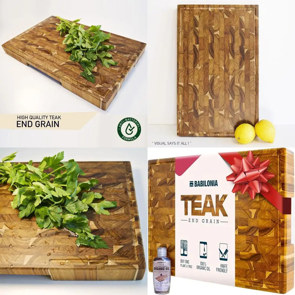 

Thick 1.7 Premium Teak Chopping Board, 19.7x12.2 Inches, Heavy Duty End Grain Wood with Handle & Accessories