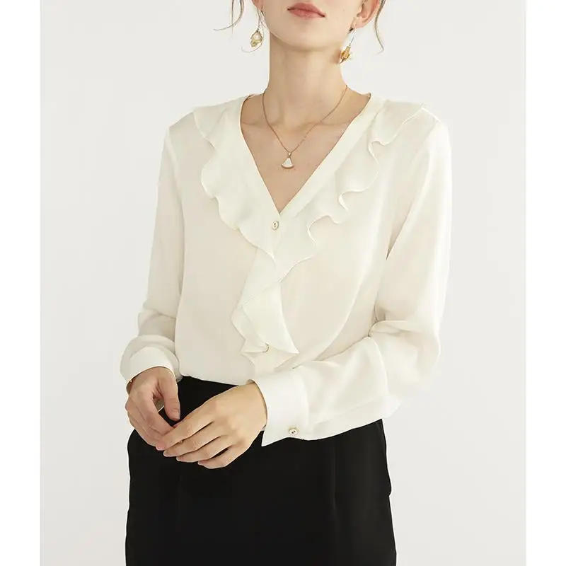 

Birdsky, 1PC Women long sleeve shirts blouse shirt Top V neck ruffles 90% real mulberry silk 10% spandex White color. S-474