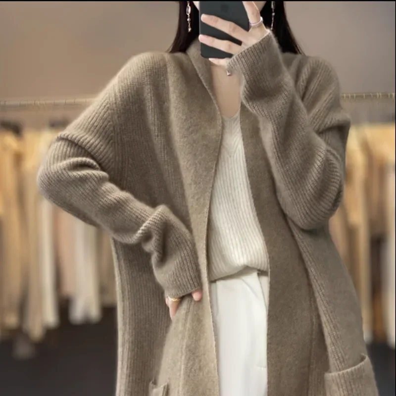 Ailaile Women\'s Pure Wool Cardigan Pocket Autumn and Winter Thick Wool Coat Long Sleeved Lapel Loose Casual Coat