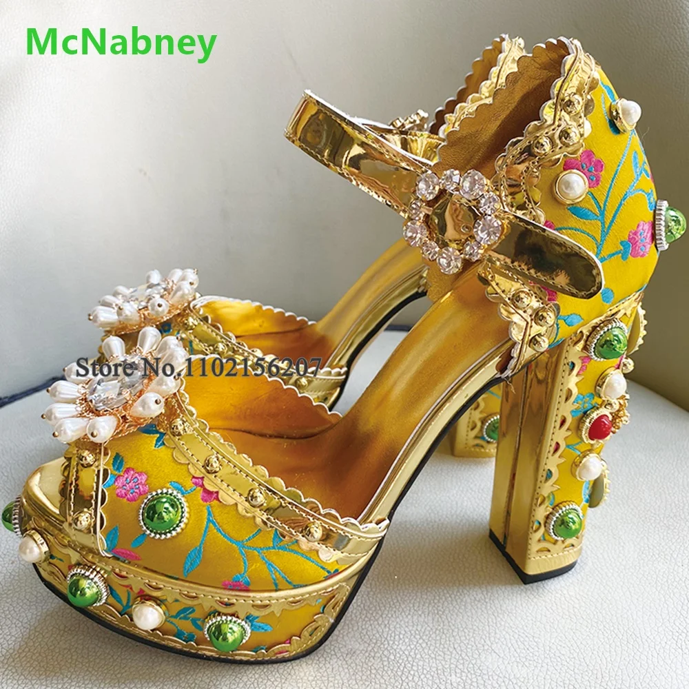 Pearl Rhinestone Platform Sandals For Female Women Luxury Design Peep Toe Square Heel Buckle Strap Fashion Elegant Wedding Shoe