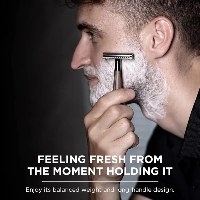 

Double Edge Safety Razor, Faux Wood Zinc Alloy Handle Razor With 5 Stainless Steel Blades, Heavy Duty Eco-Friendly Razor