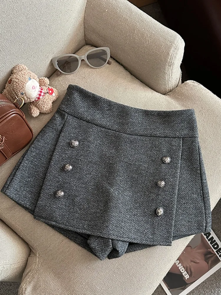 Women's Autumn Winter New Fashionable Commute Urban Style High Waist Double Breasted Woolen Elegant Short Skirt Pants