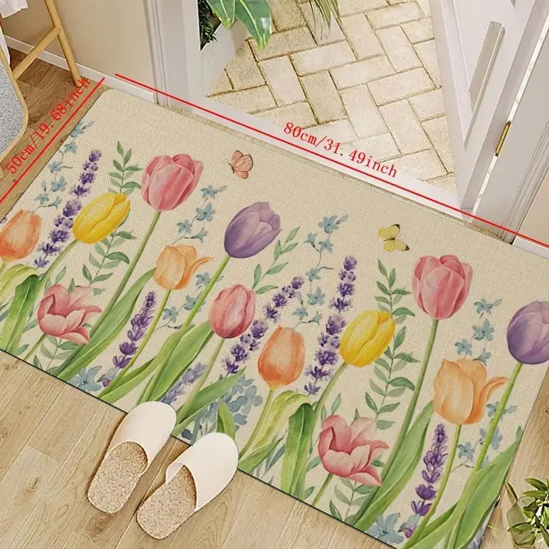A Single Welcome Mat Featuring a Vibrant Design of Tulips And Lavender, Perfect for Spring Decor. This Indoor Mat Is Made of P