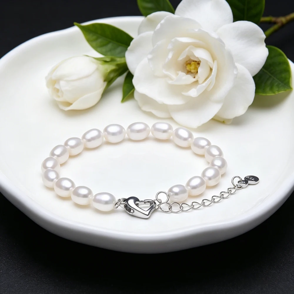 HENGSHENG 925 Sterling Silver Natural Freshwater Pearl Strand Bracelets For Women Summer Bohemia Oval Pearl Bracelet 18cm Length