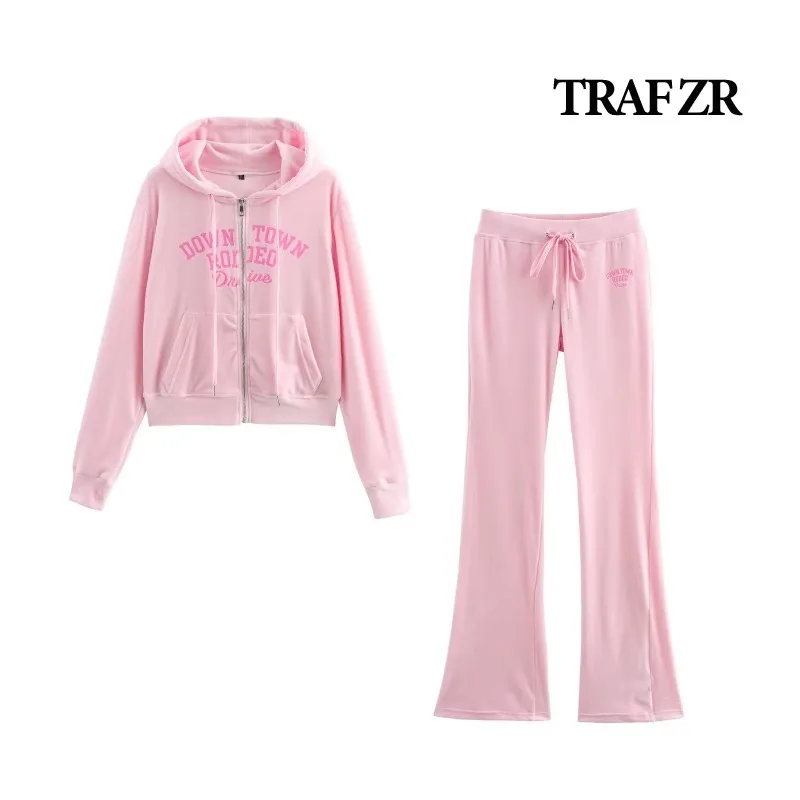 TRAF ZR-Conjunto rosa de dos piezas para mujer, conjunto informal elegante y dulce Vintage, sudaderas con capucha de manga larga, conjuntos de otoño para mujer, conjunto de traje Y2k