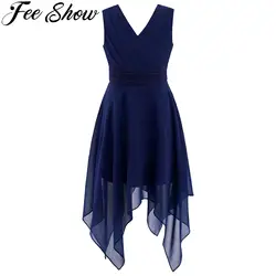 Girls Flowing Solid Sleeveless Tank Party Summer Dress Vestidos Children's Clothing Asymmetric Hem Ruched Waist Chiffon Dress