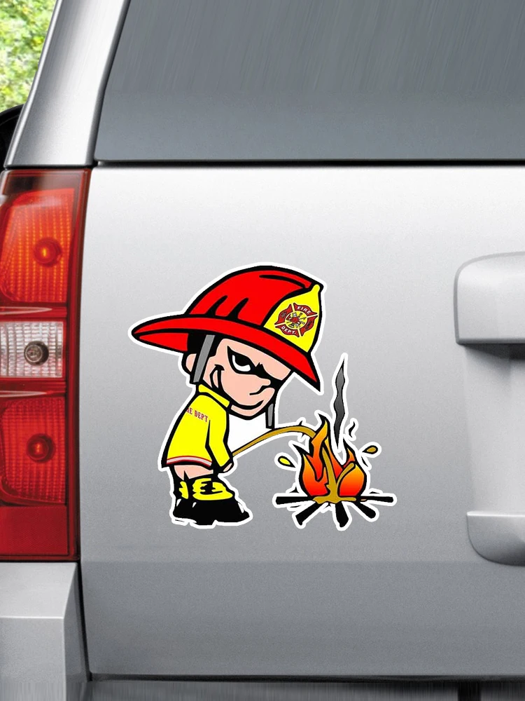 F511# Funny Car Stickers for Fireman Pee on Fire Lewd Offensive Decoration Vinyl for Helmet Car Accessories