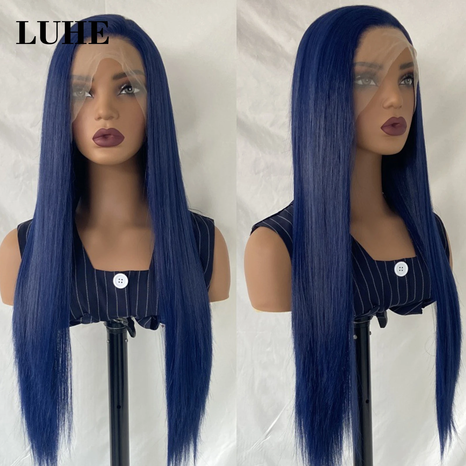 Azul escuro colorido ondulado peruca de cabelo sintético 13x3 perucas dianteiras do laço para preto feminino cosplay 26 Polegada longa onda natural peruca frontal do laço