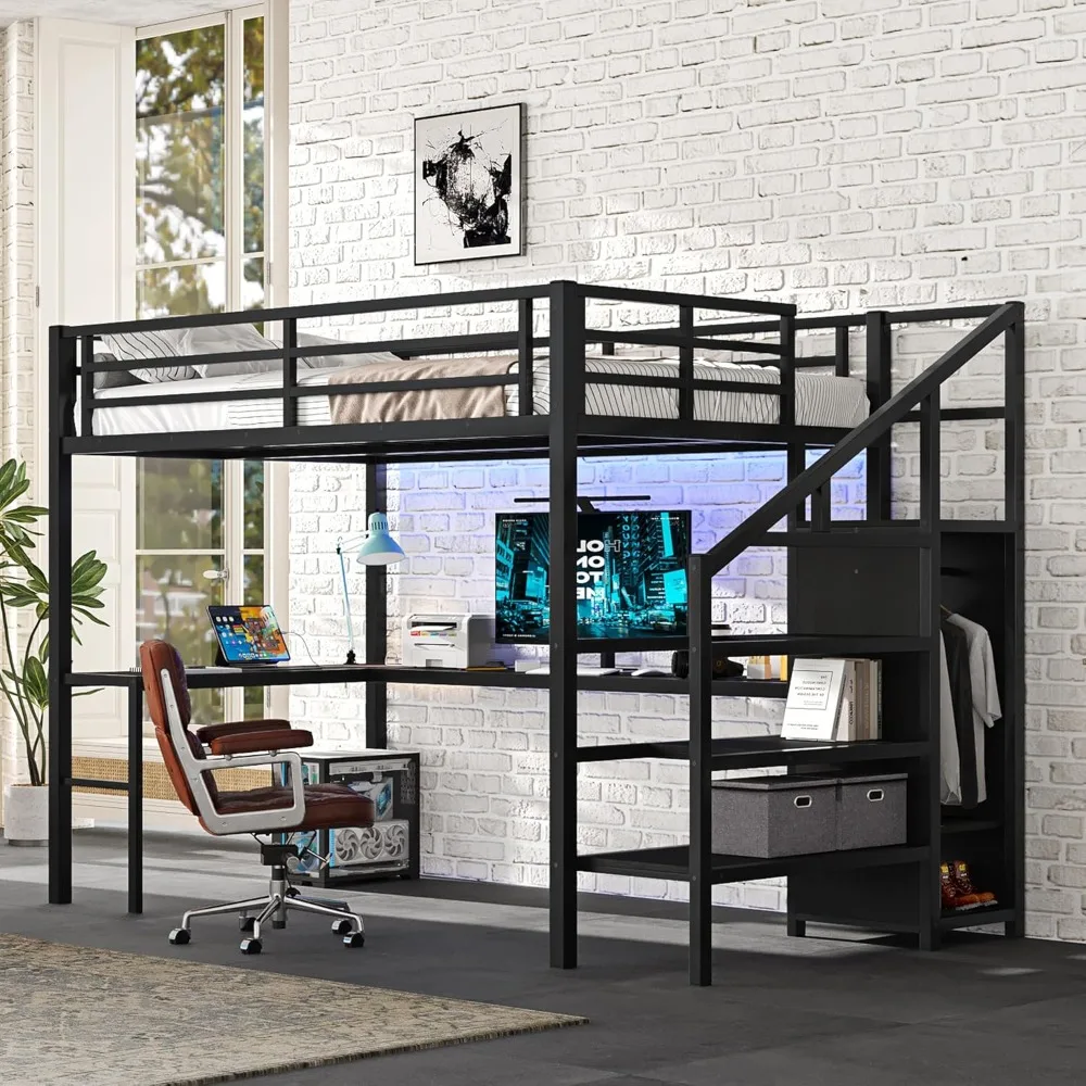 

Full Size Loft Bed with L-Shaped Desk & USB Ports - Sturdy Metal High Loft Bed for Kids/Teens/Adults, Space-Saving Design