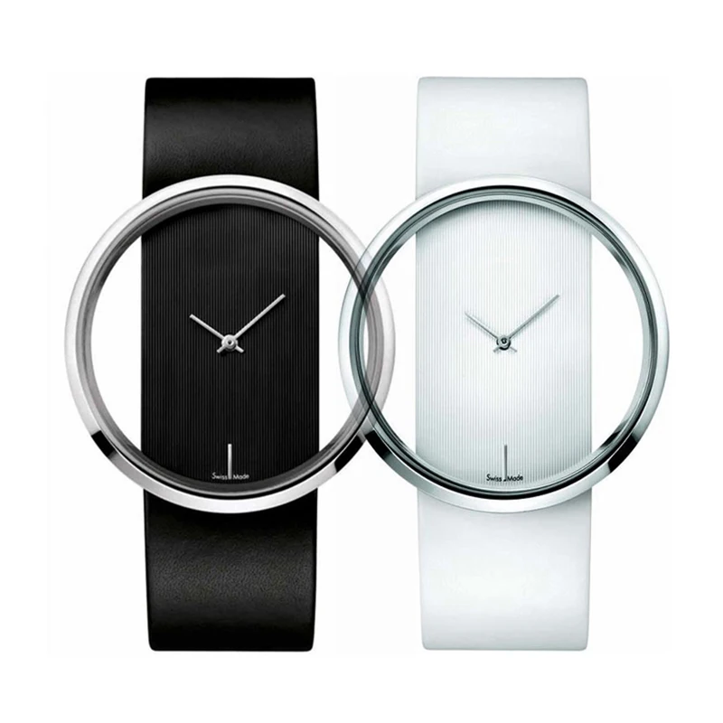 Fashion Unique Double Hollow Watches Women Minimalism Simple Watches White Leather Strap Quartz Wristwatches Ladies Reloj Mujer