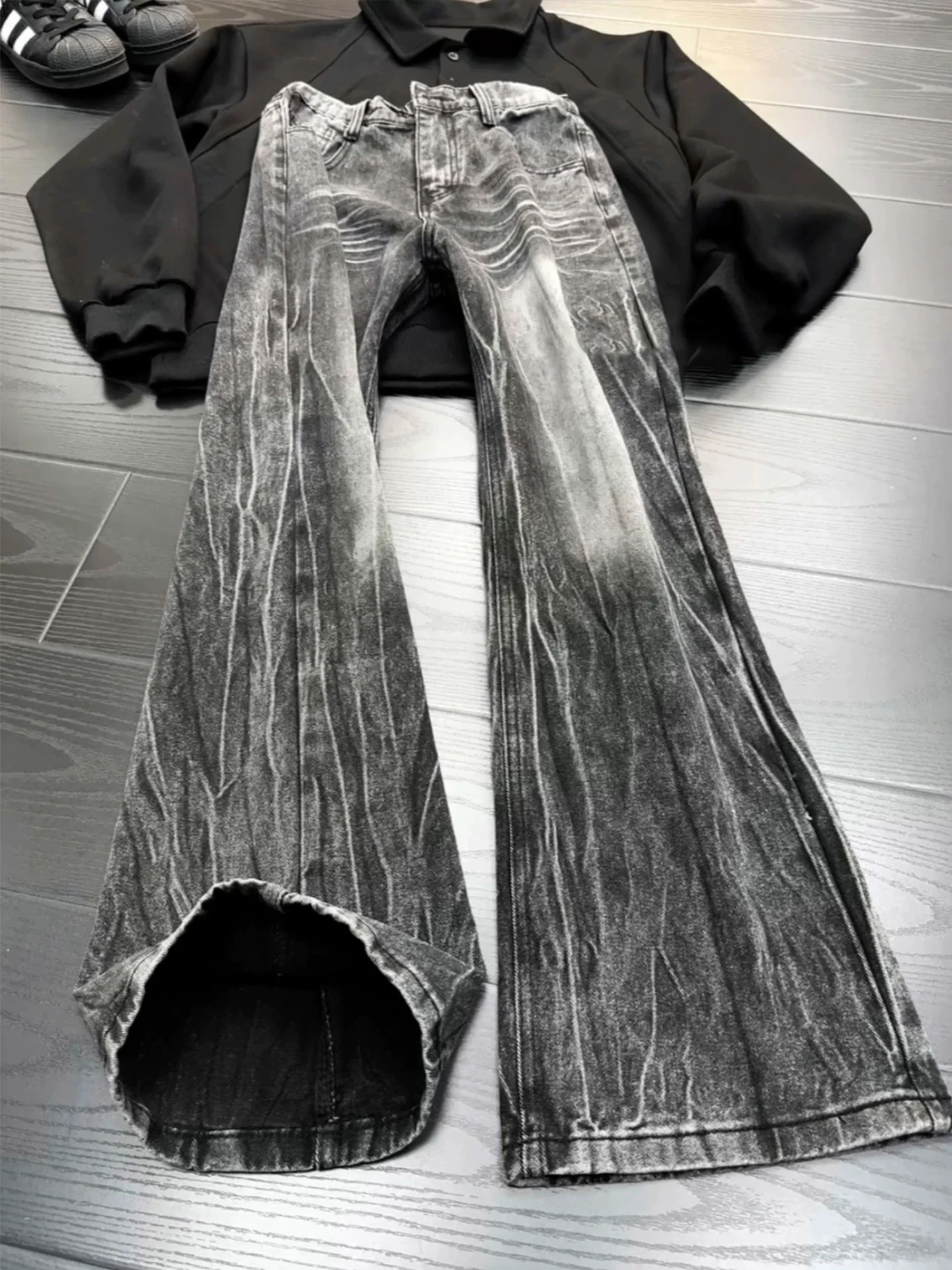 

Retro Bamboo Leaf Lightning Pattern Flared Jeans Men's Fleece Lined High Waist Extended Length American High Street Knife Pants