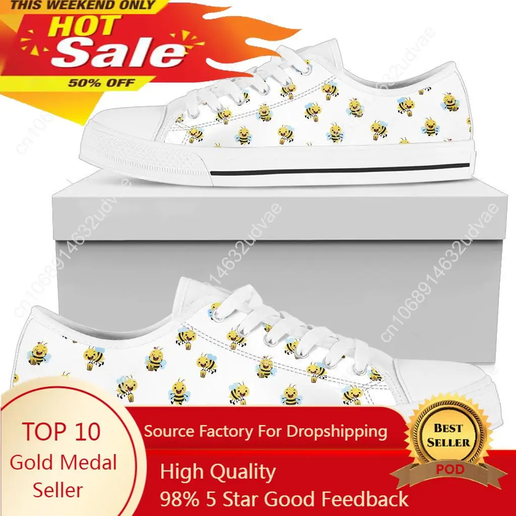 

Cute Bees White Shoes Embroidered Canvas Single Shoes Women Classic Lace-up Round Toe Casul Sneakers Women Brand Designer