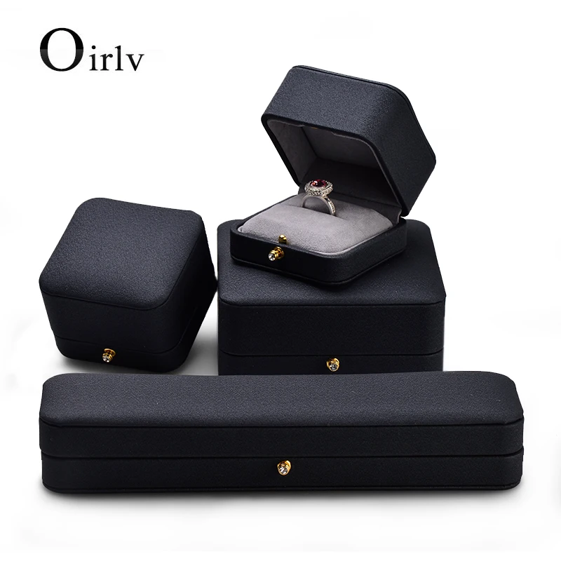 Oirlv Luxe Ronde Hoek Donkerblauw Pu Lederen Microfiber Ring Oorbel Hanger Armband Lange Ketting Doos Voor Vrouw Sieraden Geval