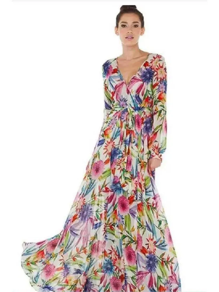 Women\'s 2024 Autumn New Lantern Sleeves Sexy Deep V Fashion Printed Dress Green Leaf Strap Waist Ankle Long Dress