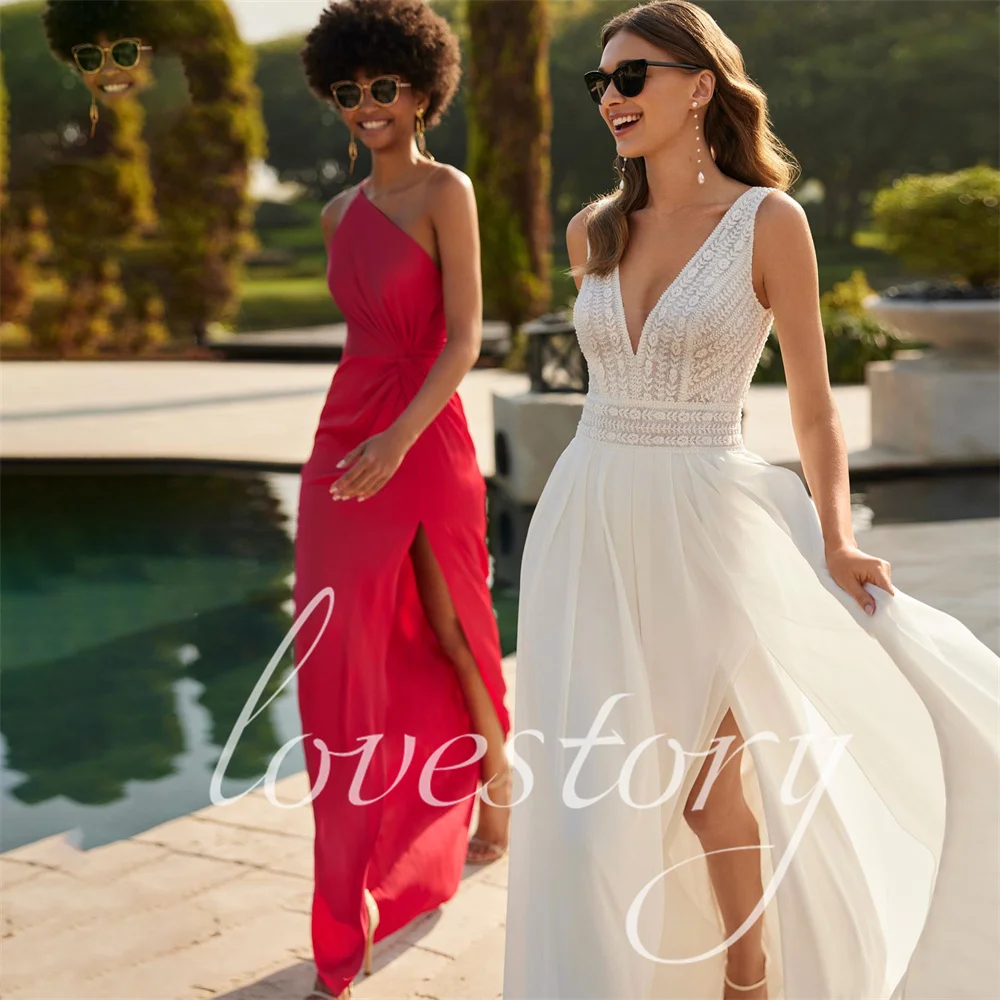 

Elegant A Line Wedding Dresses Chiffon Sleeveless Bride Robes Floor Length Bridal Gowns V Neck Long Dress Vestidos De Noiva