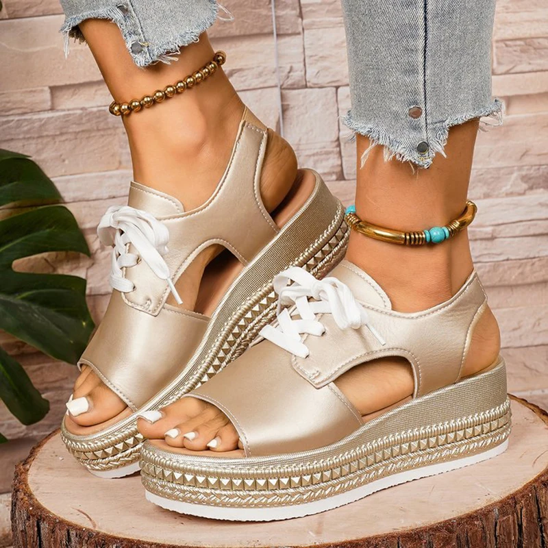 

Женские ретро-сандалии на танкетке со шнуровкой, весенне-летние, элегантные, на толстом высоком каблуке, сексуальные, с открытым носком, с вырезами