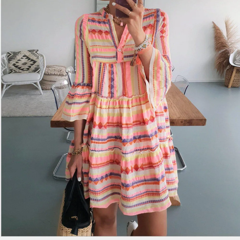 

Print Ruffles V Neck Mini Dresses For Women 3/4 Flare Sleeve Chiffon Vintage Retro Print Boho Beach Vacation Summer Party Dress