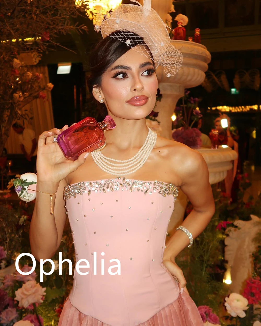 Personalizado requintado camisa rosa vestido de noite temperamento sem alças sem mangas cristal rendas até voltar vestidos de ocasião sob medida