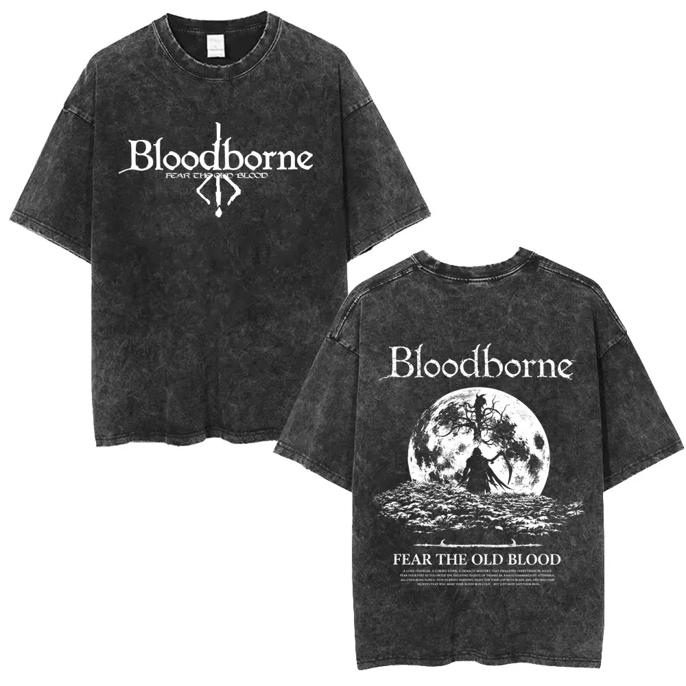 Game Bloodborne Washed Vintage T-shirt Men Women Retro Gothic Rock T Shirt Men's Punk Oversized Short Sleeve T-shirts Streetwear view 4