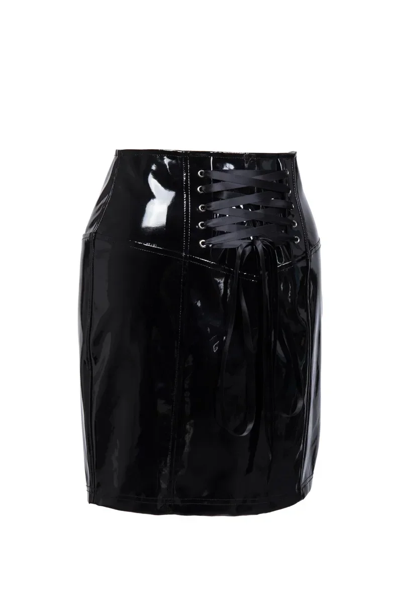 Vocole Women\'s Summer Fashion Zip PVC PU Leather Pencil Mini Skirt Lace Up