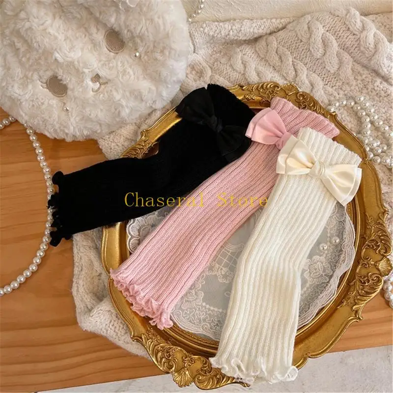 

E7CE Stylish Knit Leggings with Bow Trim Fashionable Leg Sleeves Durable for Kids