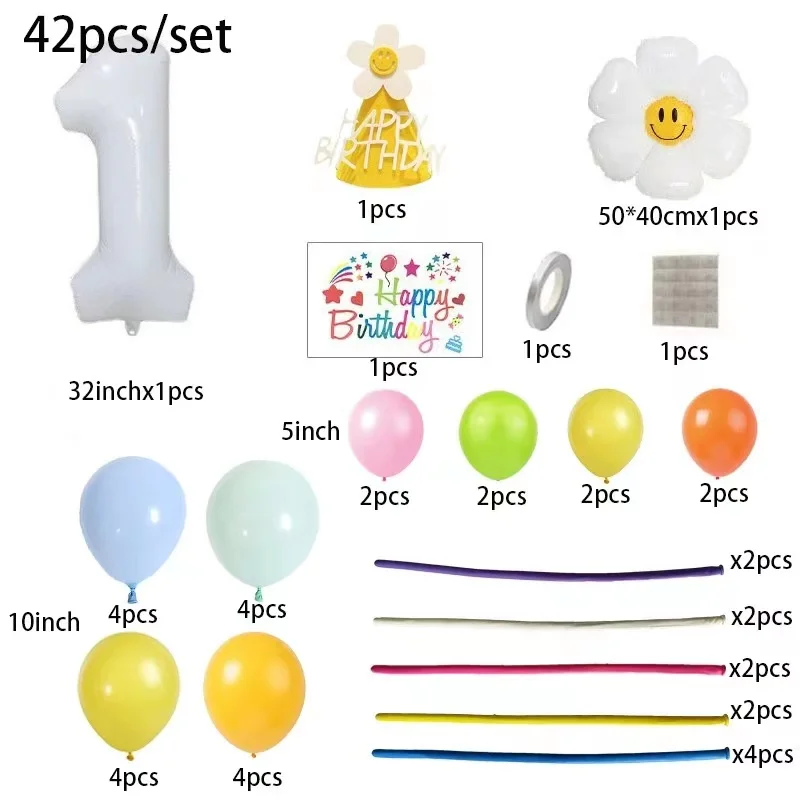 42pcs Daisy Flower Balloon Set 32inch 1-9 White Digital Balloon Tower For Kids Happy Birthday Party Decoration DIY Crafts Supply