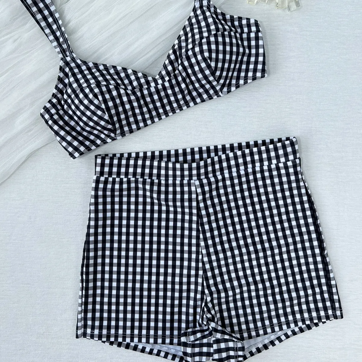 Plaid V Neck Shorts Female Swimsuit High Waist Bikini Women Swimwear Two-pieces Bikini Set Padded Bather Bathing Suit Swim view 3