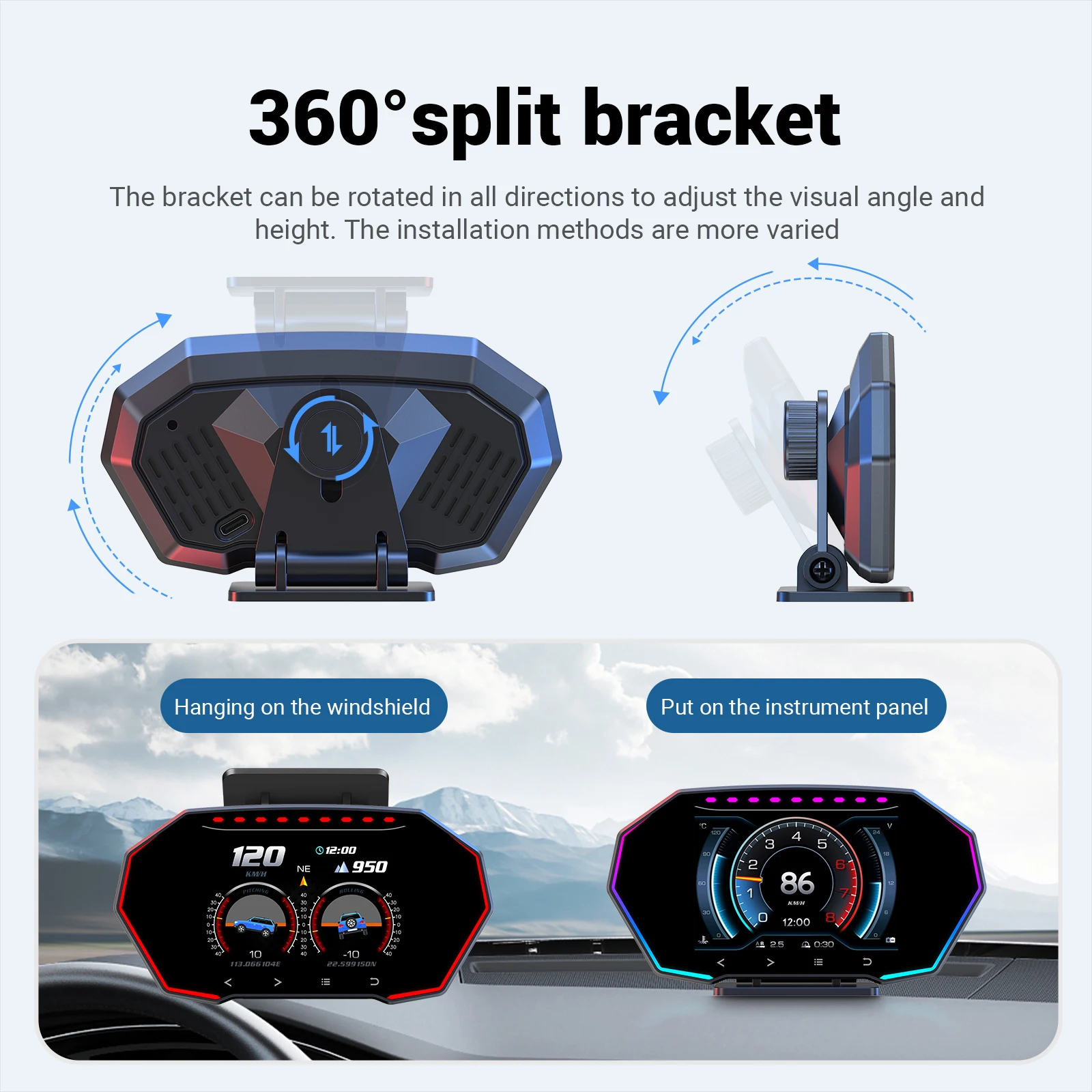 Obd2 + GPS + المنحدر متر + مقياس التسارع HUD F11 رئيس يصل عرض عداد السرعة RPM درجة الحرارة الجهد السرعة الزائدة إنذار AFR ضغط التوربينات