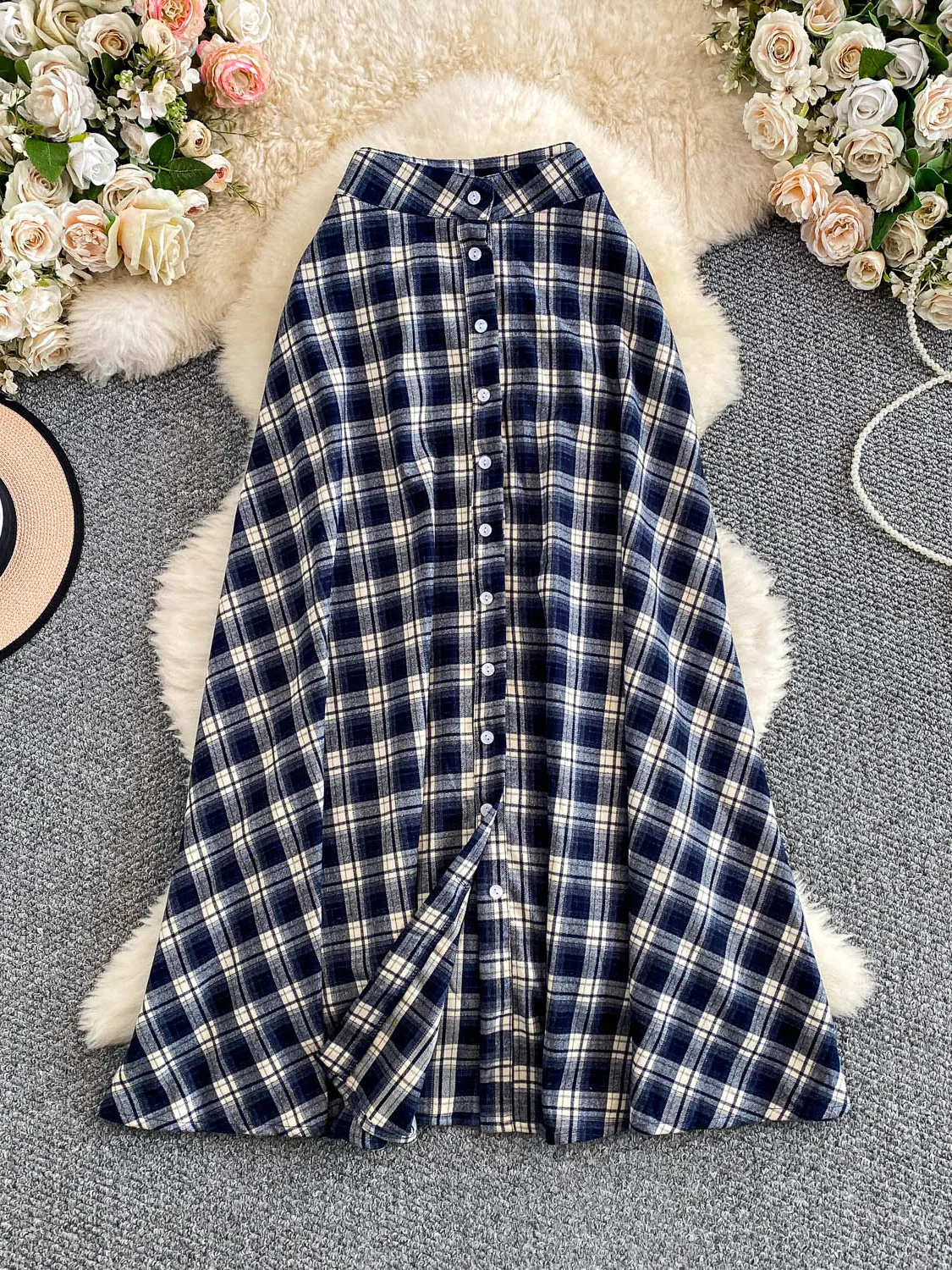 

2025 новый дизайн, юбка-миди с одной пуговицей и высокой талией, женская сексуальная клетчатая утягивающая юбка трапециевидной формы, корейский Sle