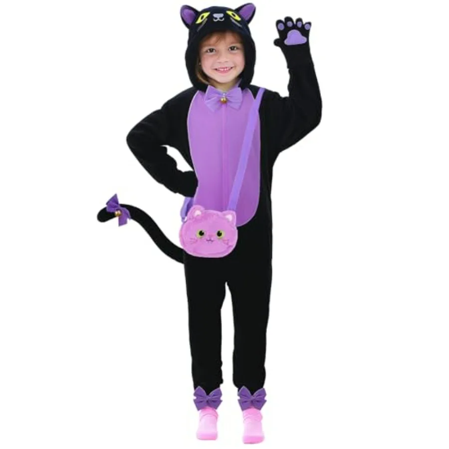 

Halloween Cat Costume for Girls, Onesie with Cat Ears, Tail, Paws, Bow Ties and Purse Bag, Gifts for Halloween, Birthday or Any