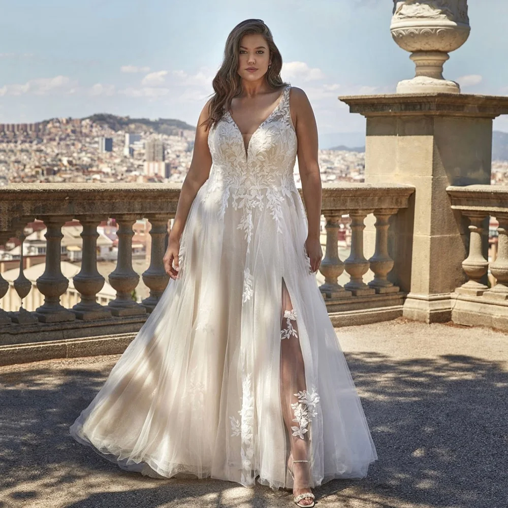 

Vintage Lace Wedding Dresses Side Split Tulle A-Line Applique Boho Bride Gowns Backless Plus Size Bridal Dress Customized