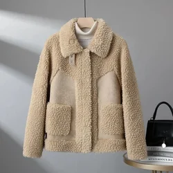 2024 Autumn Winter Lambswool Jacket Womens Chic Splice Lamb Wool Coat Tops Women Korean Bomber Wool Outwear Woman Suede Jackets