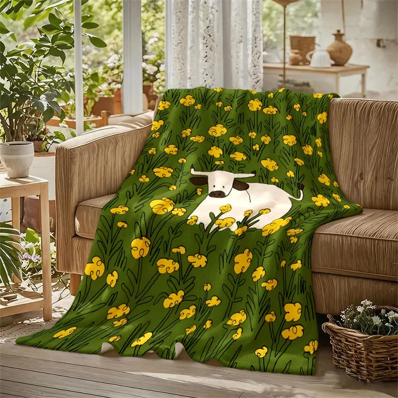 Longhorn Cow Yellow Flowers Flannel Blanket Perfect for Sofa Office Bed Travel Sleep Read Relax Camping Four Season Use