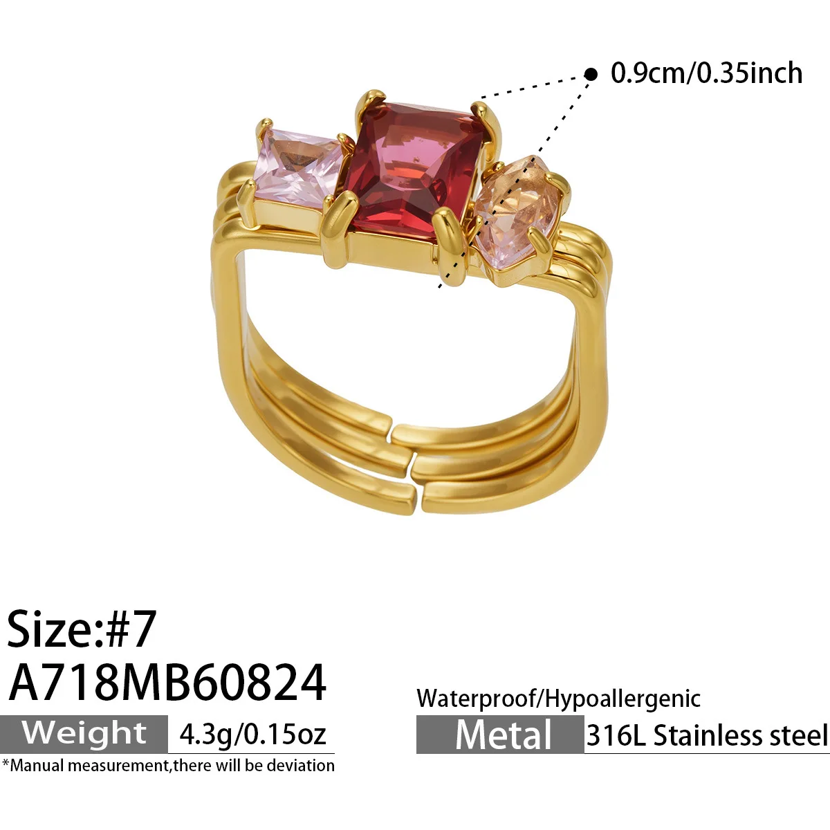 3-teiliges Edelstahlring-Set, 3-in-1 Stapelringe, 18K vergoldete Ringe, bunte Zirkon-Dreifachringe für Damen – Detail 7