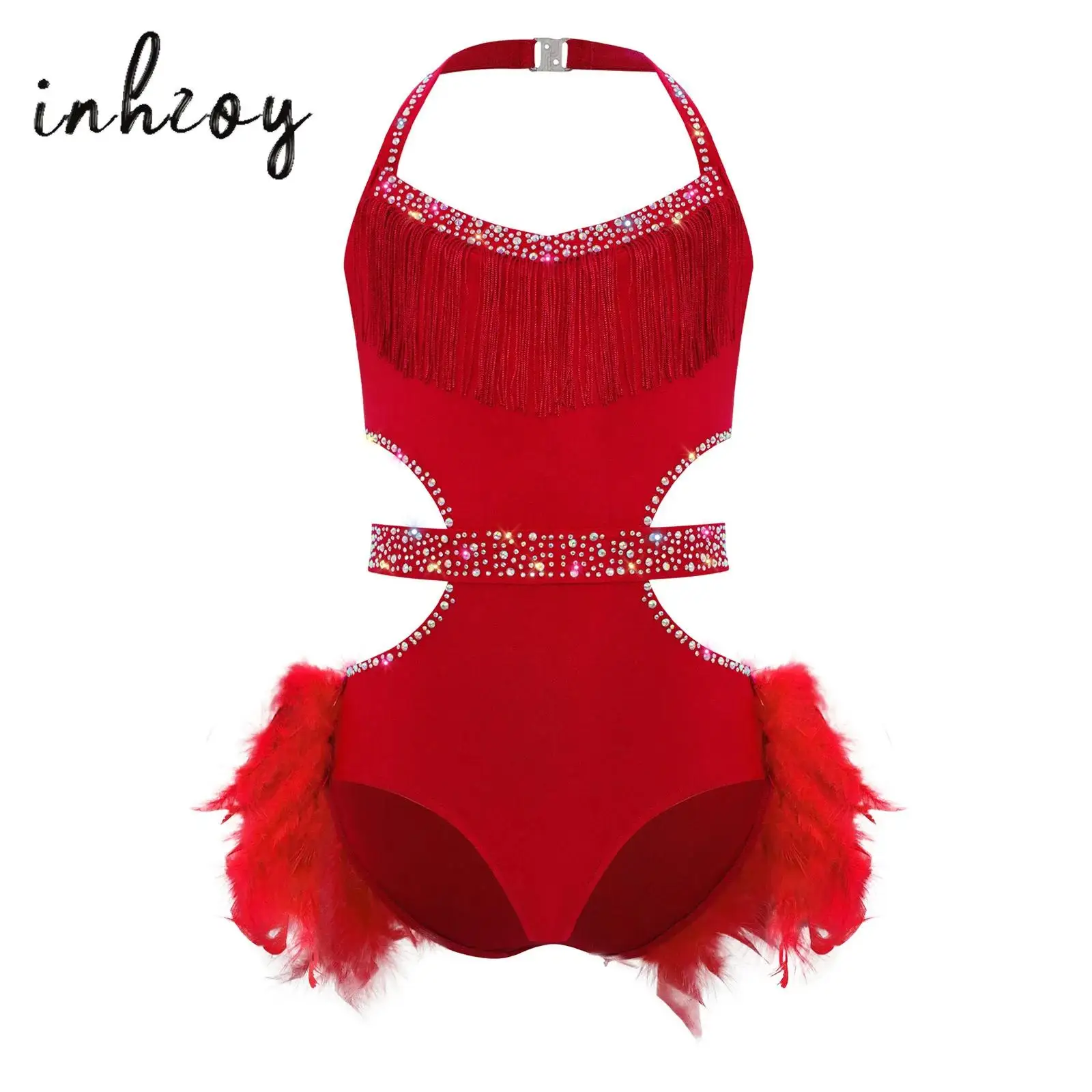 

Kids Girls Latin Jazz Dance Costume Halter Sleeveless Cutout Sparkly Rhinestones Bodice Feather Skirted Leotard for Performance