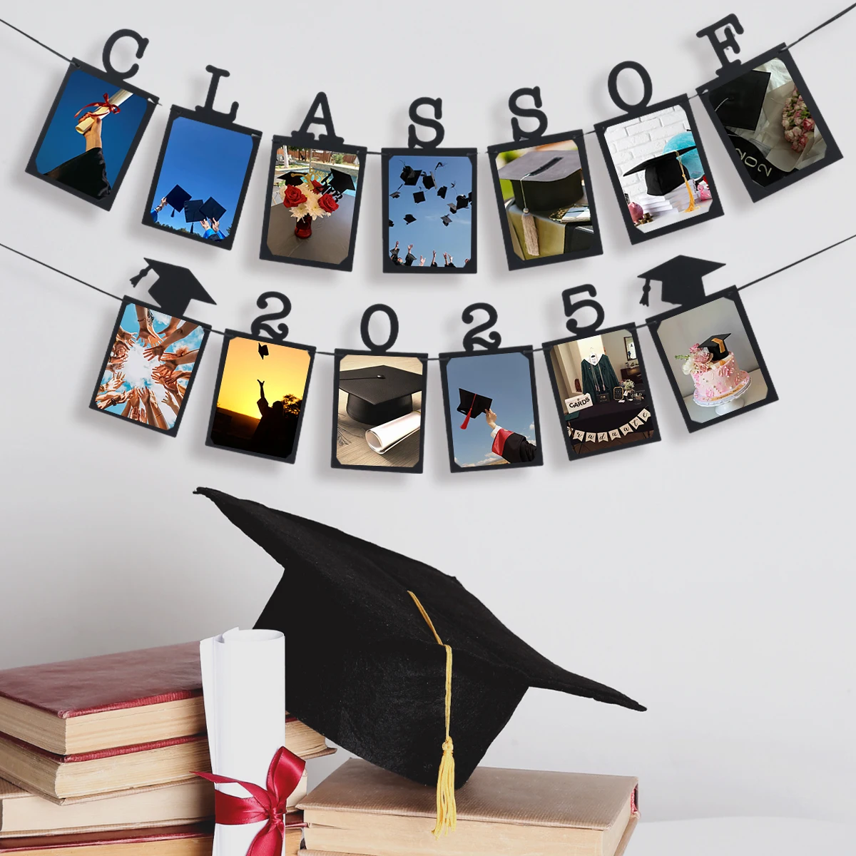 Bannière photo en papier noir, décorations de fête de remise des diplômes, classe de 2025, 2025