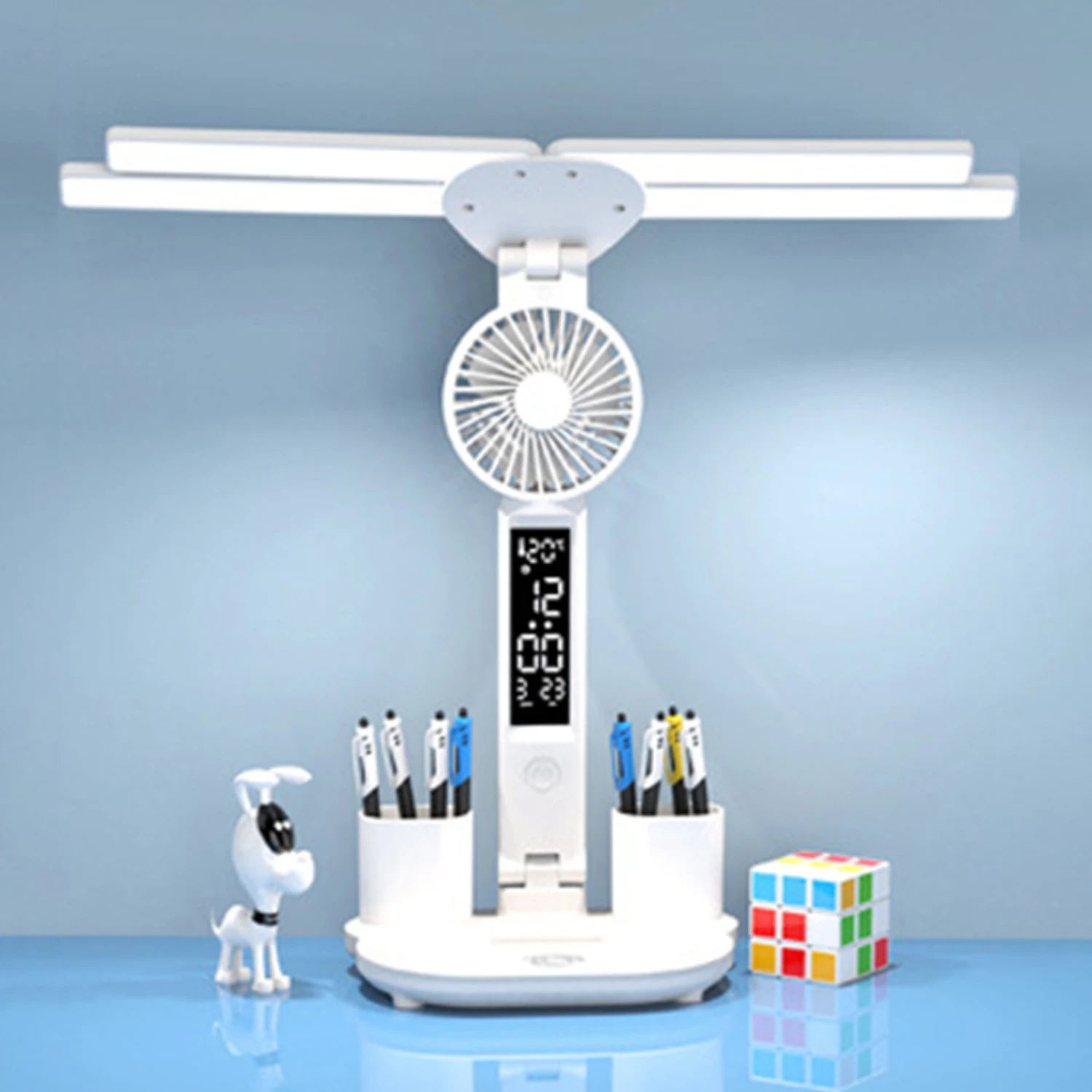 Rechargeable LED Table Lamp with Fan - Ideal for Studying On-the-Go - Convenient Clock Display - Versatile Workspace Addition - 