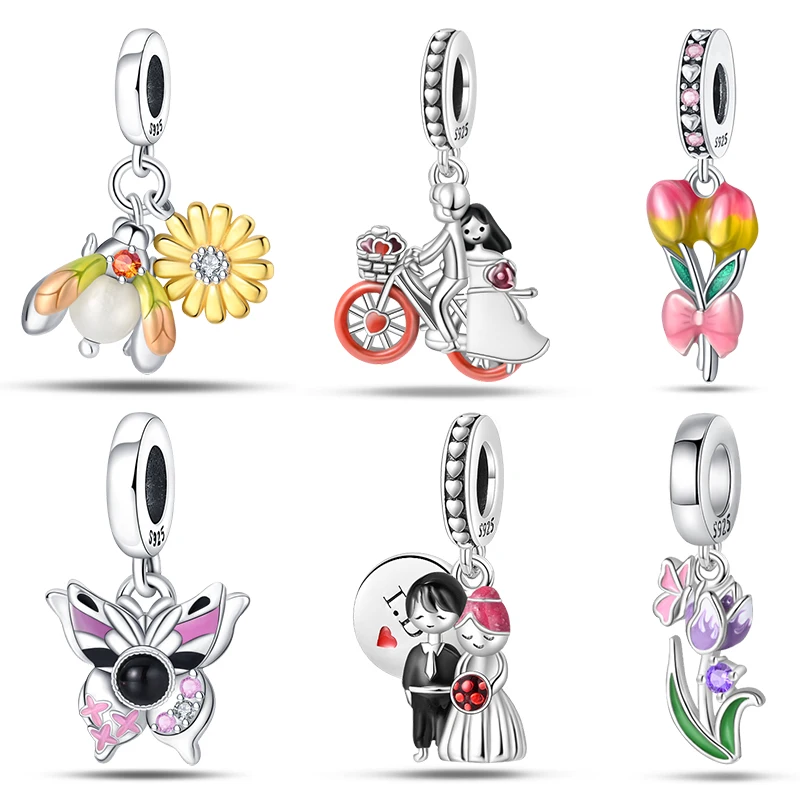 

Spring New 925 Sterling Silver Romantic Tulip Charms Beads Fit Pandora 925 Original Bracelets DIY Valentine's Day Jewelry Gifts