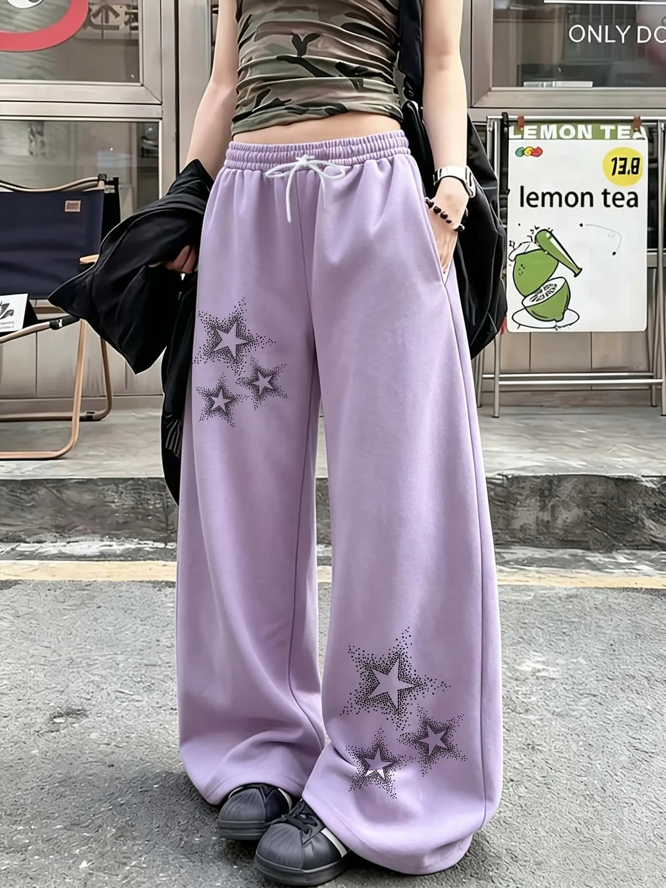 Unisex, schnelltrocknende, gerade geschnittene, lange Hose, Hip-Hop-Streetwear, Hose mit glitzerndem Sternmuster, elastischer Bund, Kordelzug, Sport- und Freizeit-Trainingshose. – Detail 6